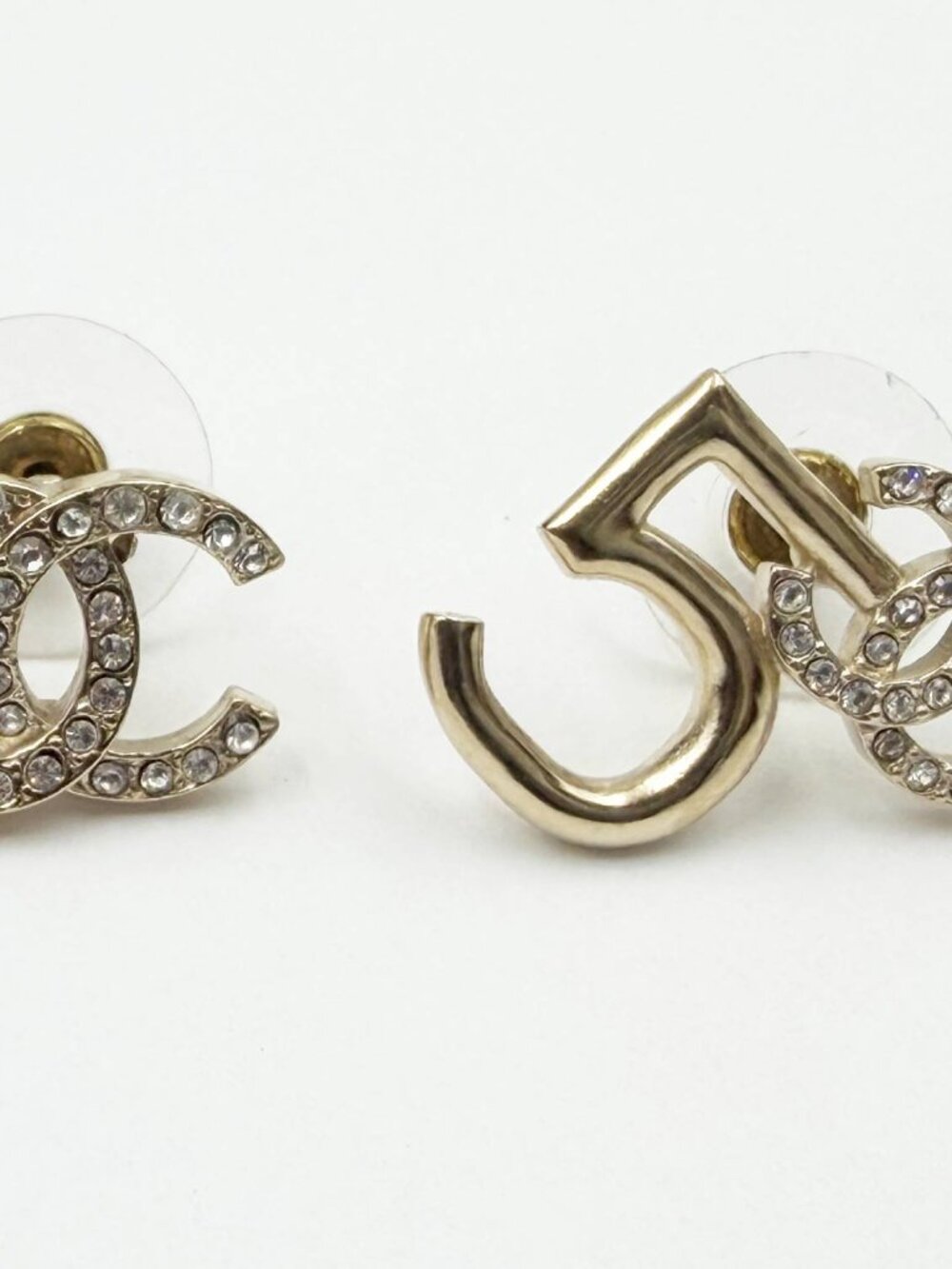 Chanel Gold CC Crystal 5 Asymmetrical Piercing Earrings